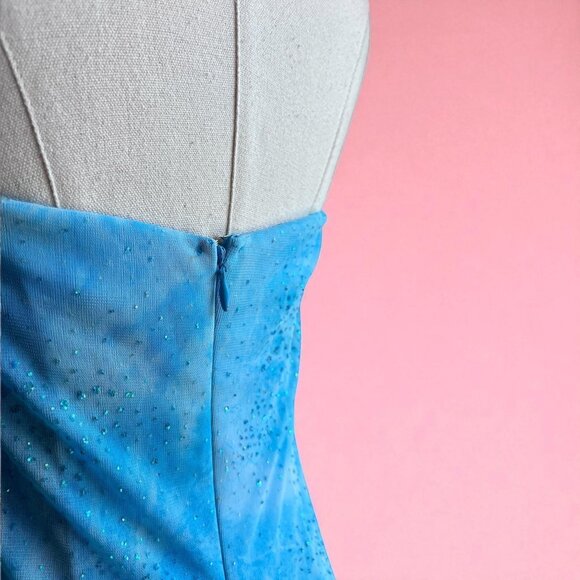 Vintage 90s Strapless Prom Gown | Y2KSky Blue Glitter Mesh dress | Size M - Picture 9 of 10